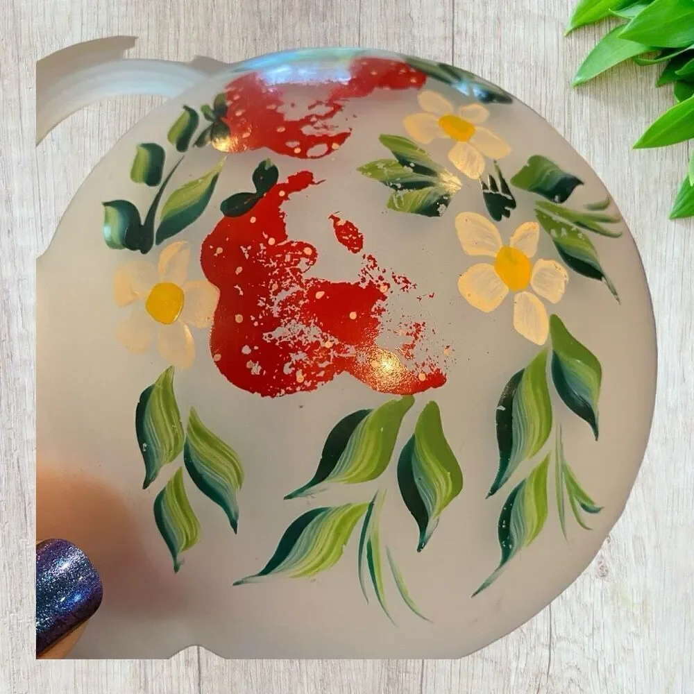 Vntg Hand Painted Strawberries Frosted Glass Juice Set 1950s Mid Century Modern